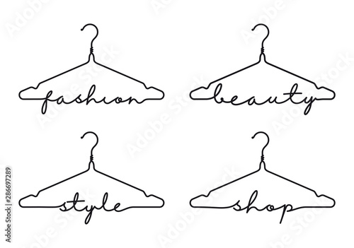 Vector set silhouette twisted wire coat hanger with text Fashion, Style, Beauty, Shop. Isolated on white background