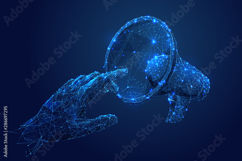 Market analyzing low poly wireframe illustration. Polygonal promotional campaign planning, advertising strategy mesh art. 3D consumer hand touching megaphone with connected dots. Mass media, press