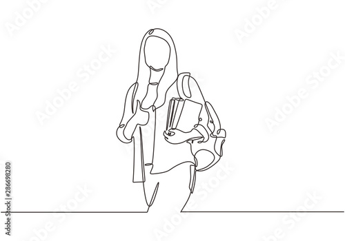 Continuous line drawing of girl with book and standing. Teenager college woman holding stack of books and studying minimalist vector illustration editable stroke design.