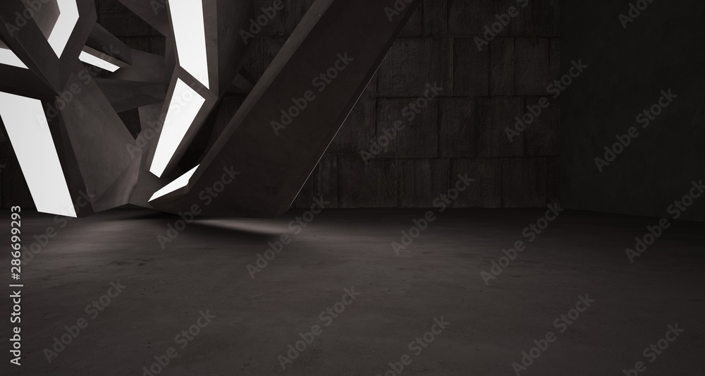 Abstract brown and beige  concrete interior with neon lighting. 3D illustration and rendering.