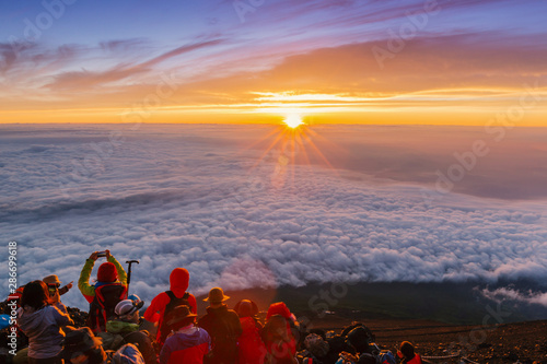 Crowds of climbers at the summit. Fuji mountain