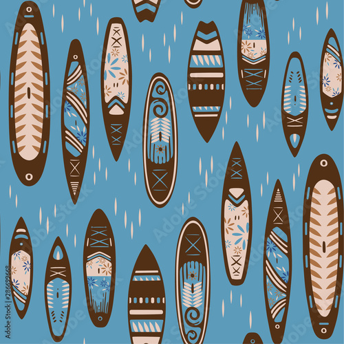 Stand Up Paddle Boarding SUP surfing colorful elements cute seamless pattern vector illustration with supboard, lifebuoy and wave on a blue background 