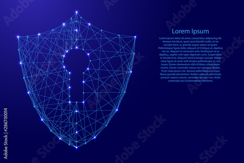 Cyber security icon shield with keyhole icon concept of data protection from futuristic polygonal blue lines and glowing stars for banner, poster, greeting card. Vector illustration.