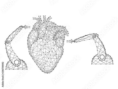 Heart surgery medical by robotic arms manipulator modern innovative concept from abstract futuristic polygonal black lines and dots. Vector illustration.