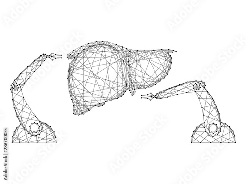 Surgical operation on the human liver by robotic arms manipulator innovative concept from abstract futuristic polygonal black lines and dots. Vector illustration.