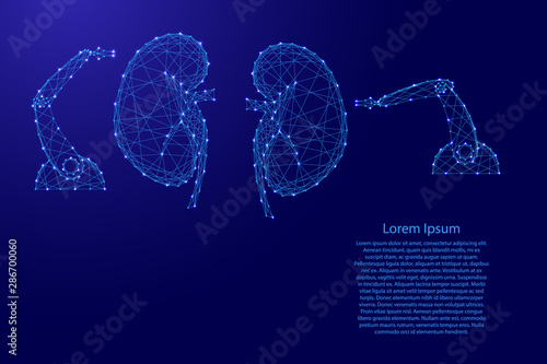 Surgical operation on the human kidneys by robotic arms manipulator innovative concept from futuristic polygonal blue lines and glowing stars for banner, poster, greeting card. Vector illustration.
