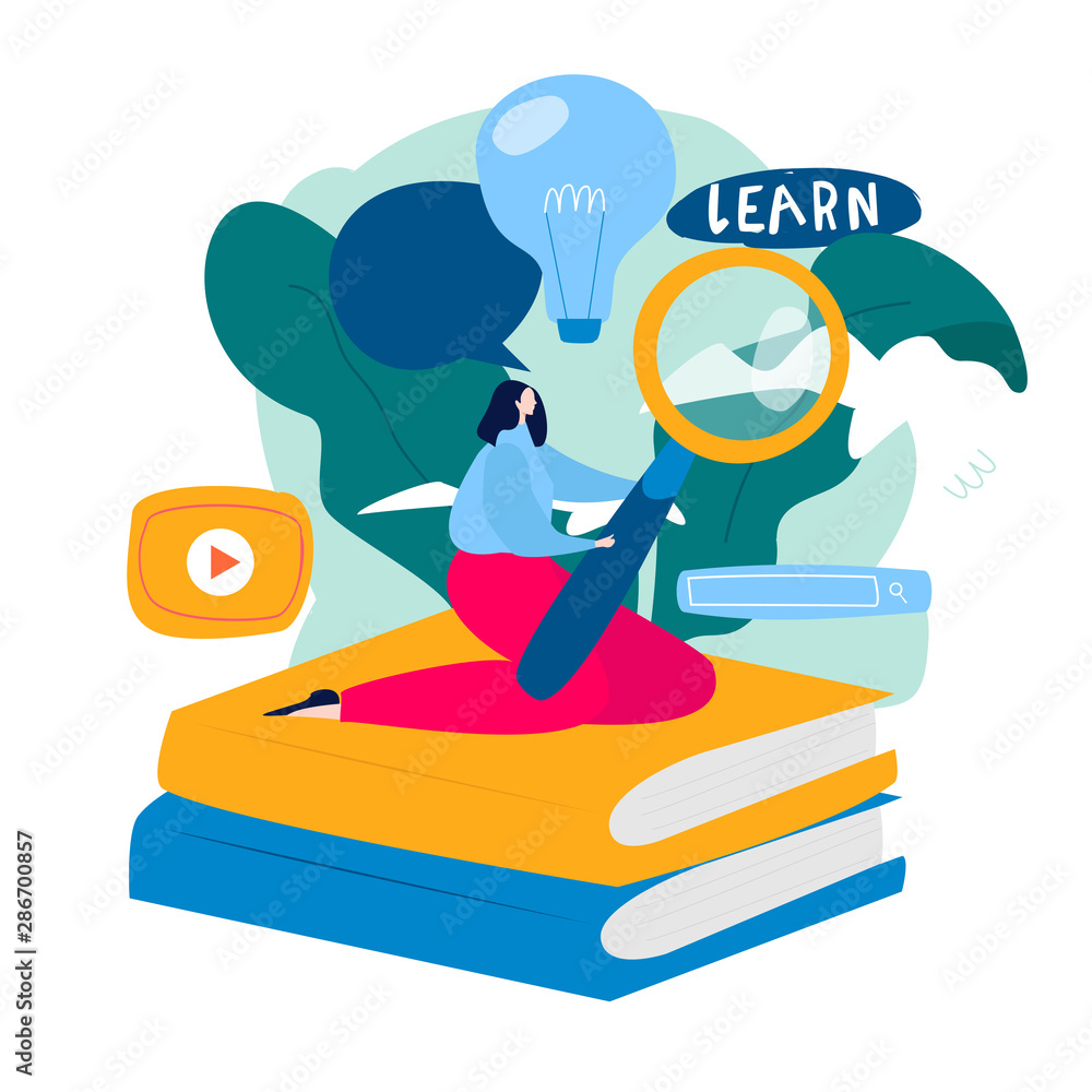 Obraz premium Education, distance education, internet studying, e-learning flat vector illustration. Online classes, training courses, tutorials, online education design for mobile and web graphics