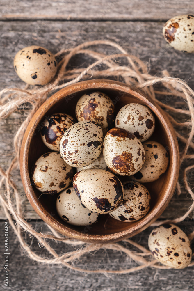 Quail eggs. Diet and healthy  food. Top view.