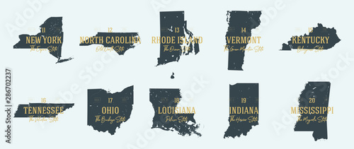 Set 2 of 5 Highly detailed vector silhouettes of USA state maps with names and territory nicknames