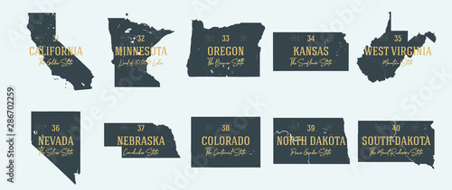 Set 4 of 5 Highly detailed vector silhouettes of USA state maps with names and territory nicknames