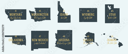 Set 5 of 5 Highly detailed vector silhouettes of USA state maps with names and territory nicknames
