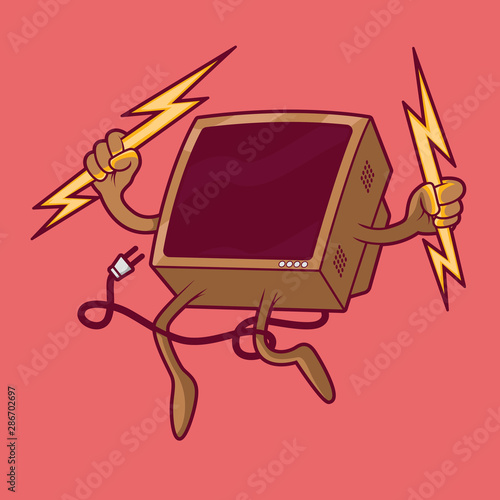 Computer monitor jumping vector illustration. Piracy, technology, anti virus design concept