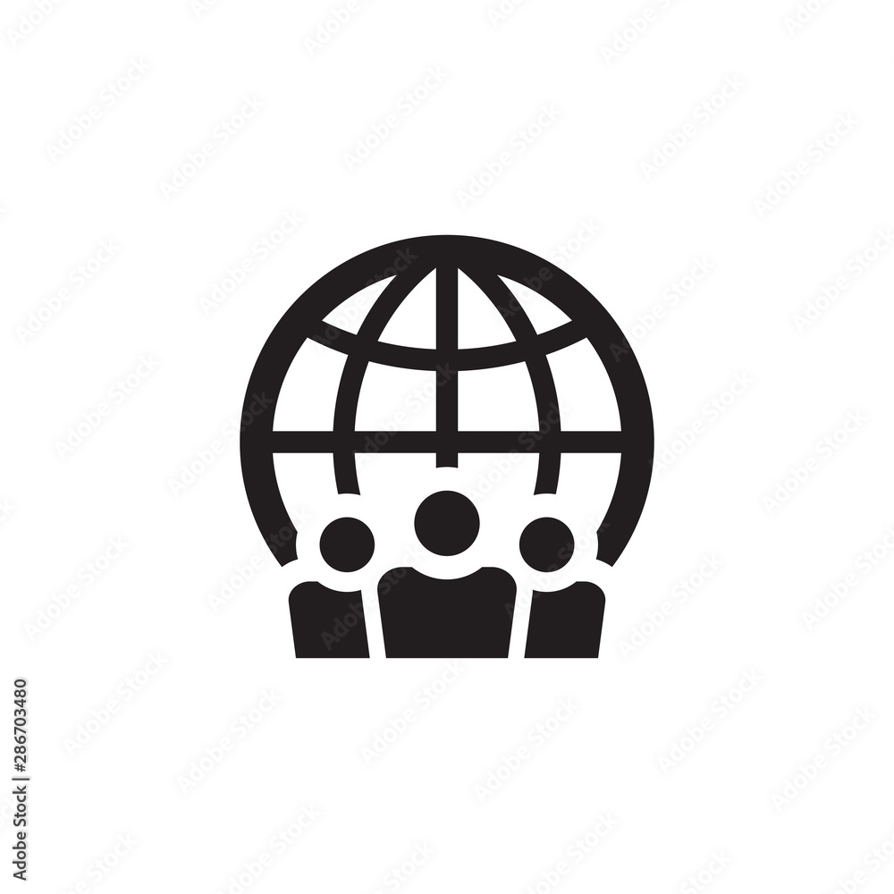 People and globe - web black icon design. Social media community concept sign. Teamwork friendship symbol. Vector illustration. People and globe - web black icon design. Social media community concept sign. Teamwork friendship symbol. Vector illustration.