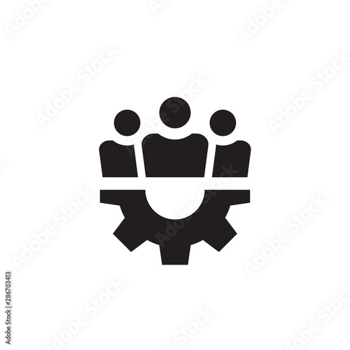 Grop people with gear black icon design. Fiendship teamwork sign. Social media symbol. Vector illustration. 