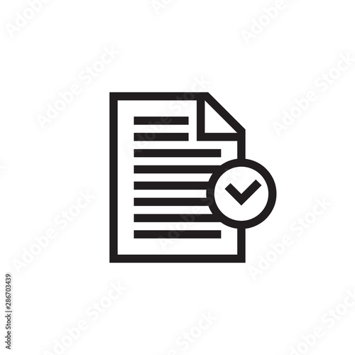 Compliance black icon design. Line style. Document with check mark sign. Vector illustration. 