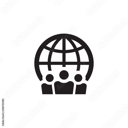 People and globe - web black icon design. Social media community concept sign. Teamwork friendship symbol. Vector illustration. 