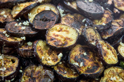 Grilled vegetables including eggplant, zucchini closeup