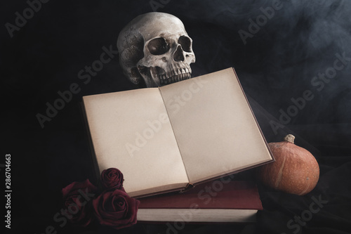 Open book mock-up with roses and skull