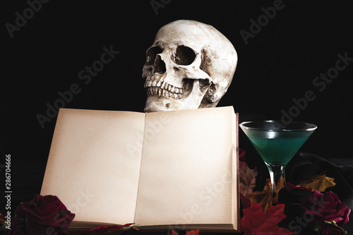 Open book with human skull and drink
