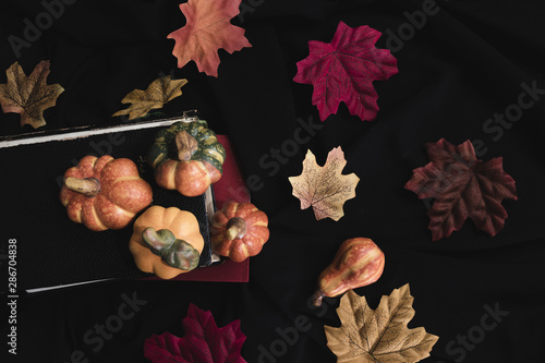 Pumpkin and autumn leaves on black background