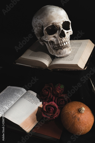Cranium on books with roses and pumpkin
