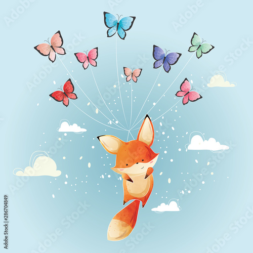 Cute Fox Flying with Butterflies