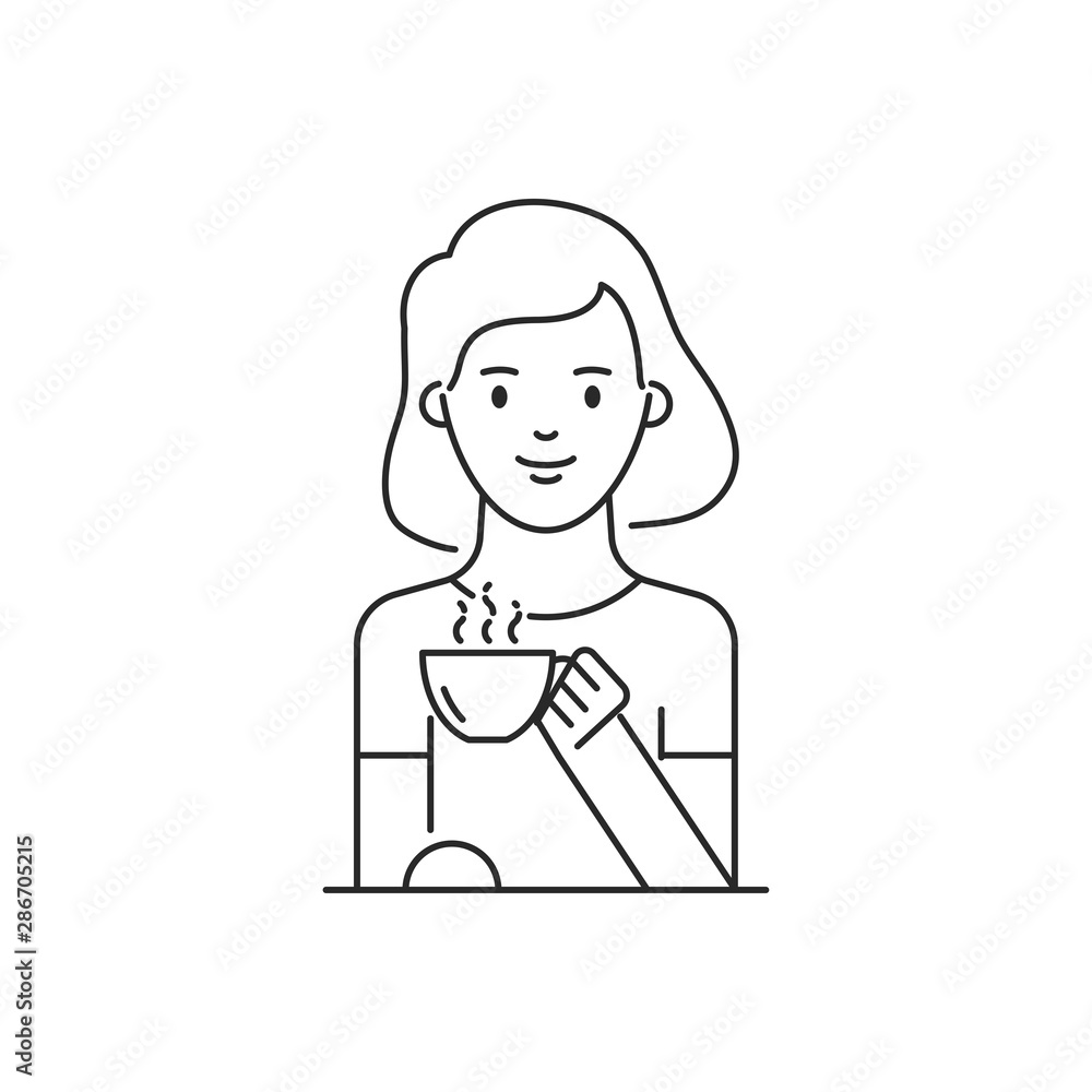 Vector illustration a girl drinks coffee, tea, outline style Vector illustration a girl drinks coffee, tea, outline style