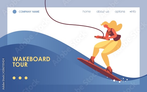 Vector concept landing page template with woman on wakeboard, decorated with blue wave. Dynamic banner good for web site sport and sea activities and ocean recreation
