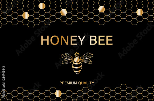Honey bee golden label Vector. Product placement quality template posters