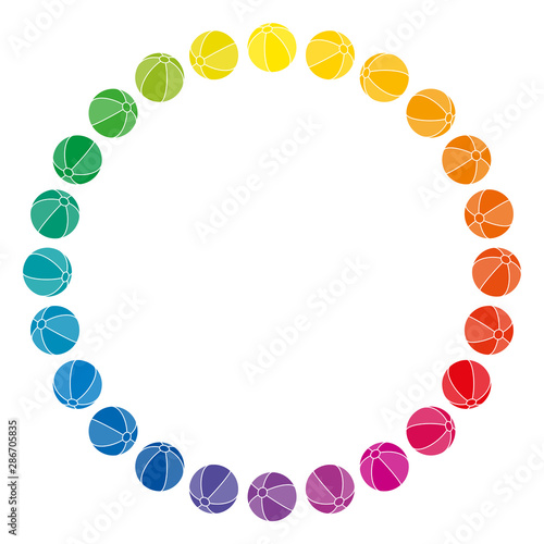 Rainbow colored balls forming a circle shape. Beach ball shaped spheres in the colors of a color wheel with stripes. Isolated illustration on white background. Vector.