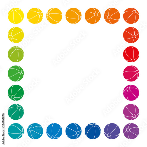 Rainbow colored balls forming a square shape. Beach ball shaped spheres in the colors of a color wheel with stripes. Isolated illustration on white background. Vector.