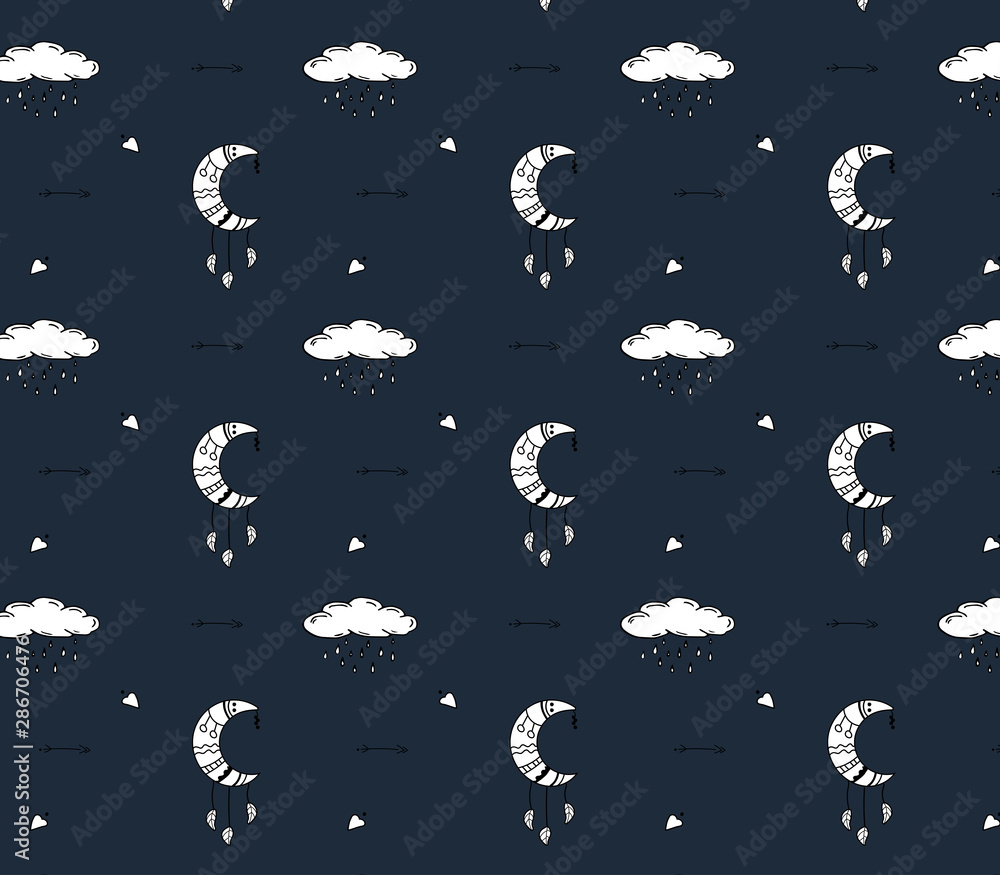 Vector autumn cozy pattern. Moon,  cloud, heart.