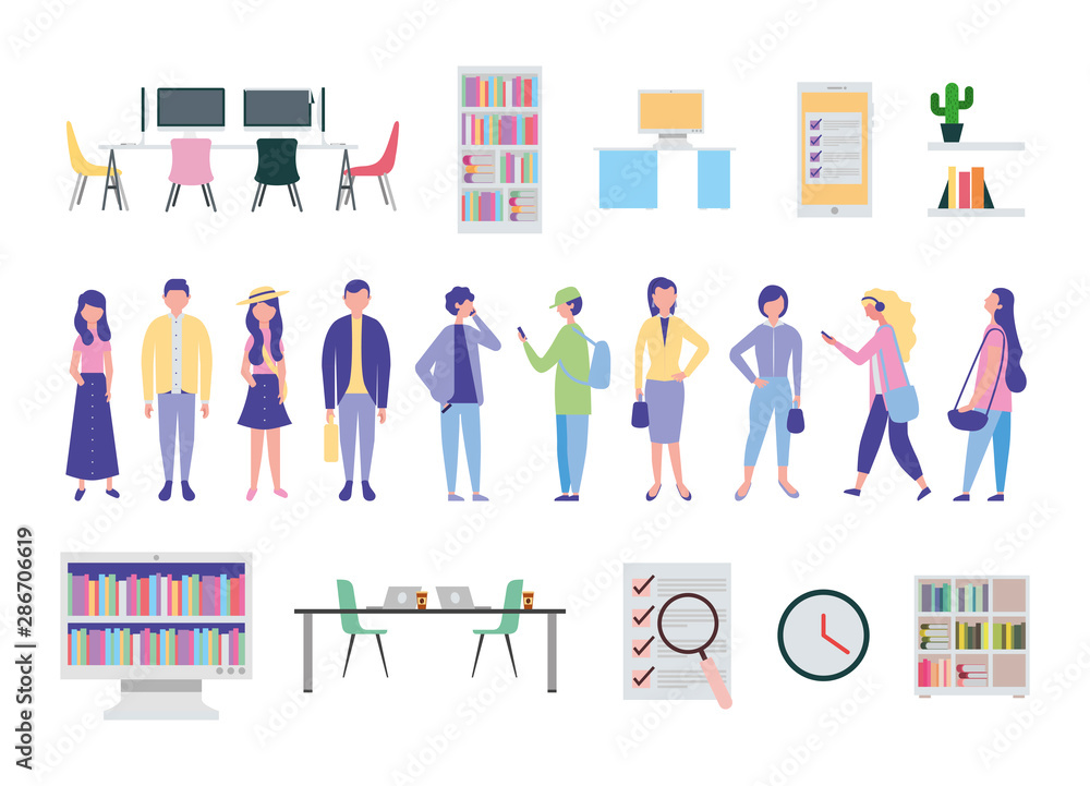 young people and office equipment icons