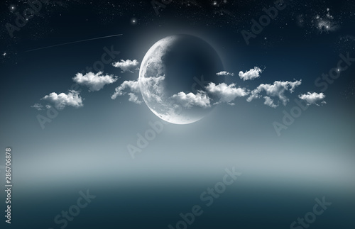 An illustration of a cresent moon in the centre lighting up a few of clouds at night with stars and shooting star against a night blue background.