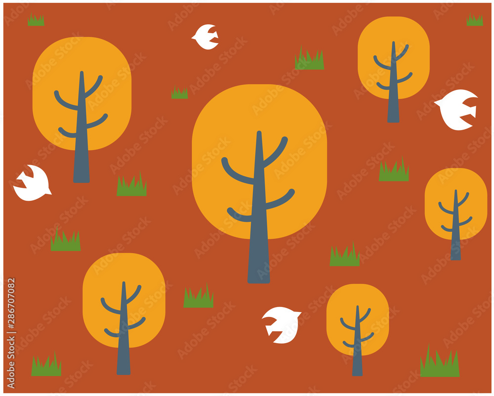 木　森　ポップ　イラスト　秋　紅葉　もみじ　楓 メッセージカード 鳥　小鳥　背景