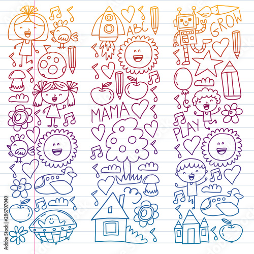 Seamless vector set of Back to School icons in doodle style. Painted, colorful, pictures on a piece of paper on white background.