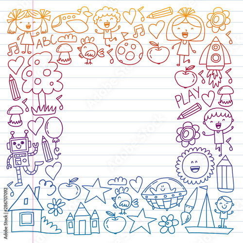 Seamless vector set of Back to School icons in doodle style. Painted  colorful  pictures on a piece of paper on white background.