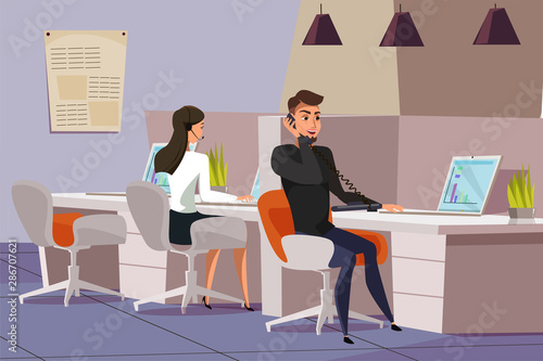 Employees in office flat vector illustration