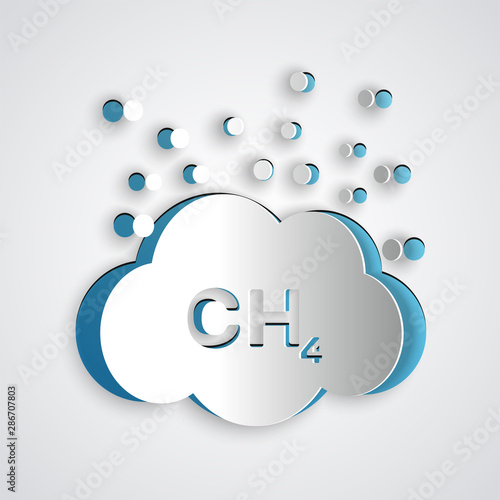 Paper cut Methane emissions reduction icon isolated on grey background. CH4 molecule model and chemical formula. Marsh gas. Natural gas. Paper art style. Vector Illustration