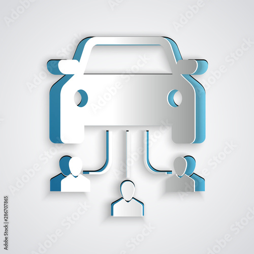 Paper cut Car sharing with group of people icon isolated on grey background. Carsharing sign. Transport renting service concept. Paper art style. Vector Illustration