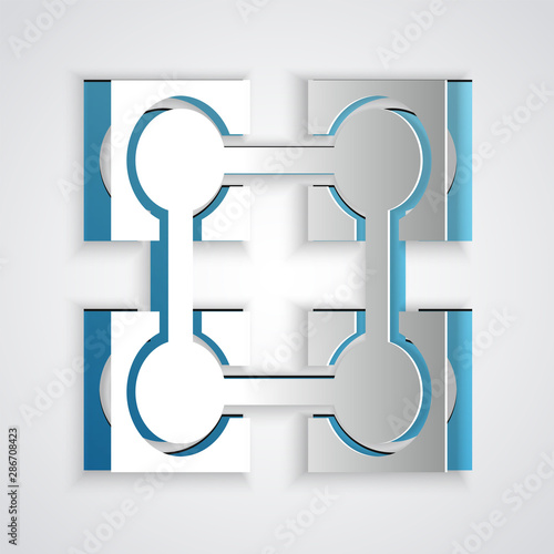 Paper cut Blockchain technology icon isolated on grey background. Cryptocurrency data. Abstract geometric block chain network technology business. Paper art style. Vector Illustration