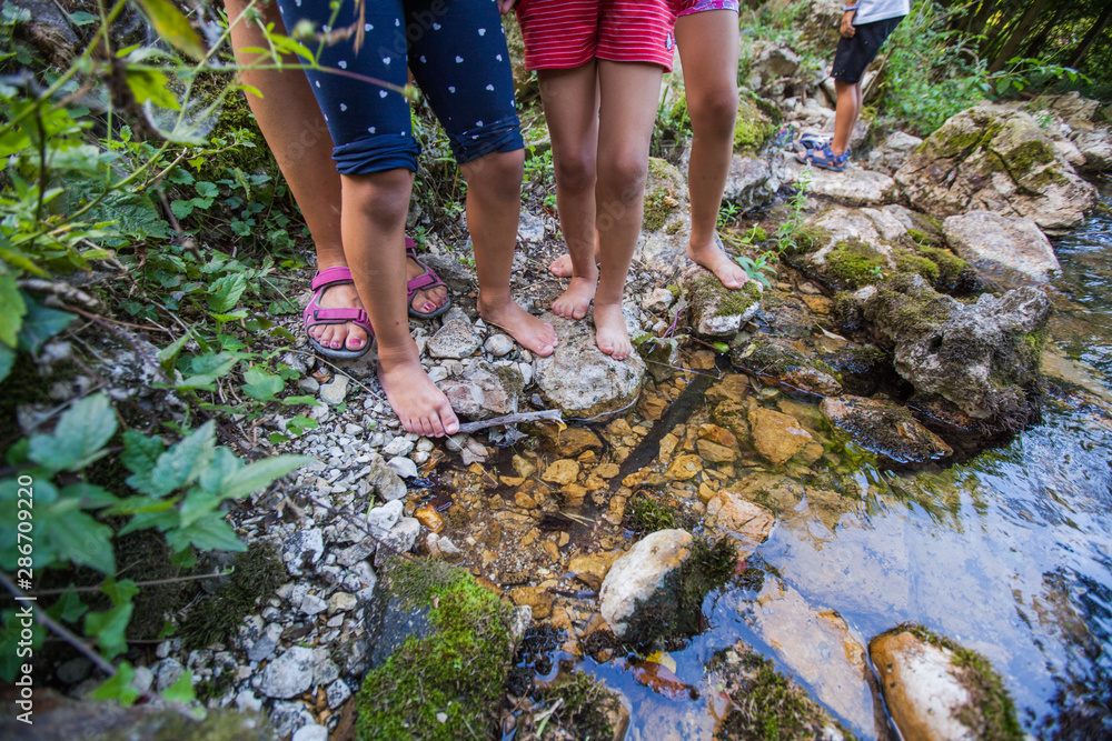 Children adventure at forest creek in nature
