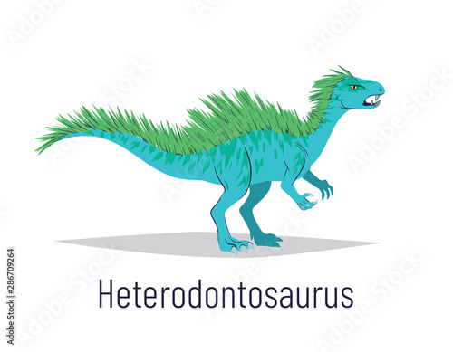 Heterodontosaurus. Ornithischian dinosaur. Colorful vector illustration of prehistoric creature heterodontosaurus in hand drawn flat style isolated on white background. Fossil dinosaur. photo