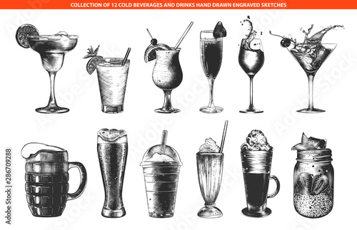 Vector engraved style cold beverages and cocktails collection for posters, decoration and menu, logo. Hand drawn monochrome sketches isolated on white background. Detailed vintage woodcut drawing.