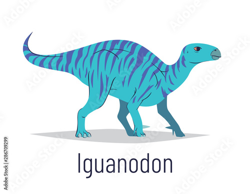 Iguanodon. Ornithischian dinosaur. Colorful vector illustration of prehistoric creature iguanodon in hand drawn flat style isolated on white background. Huge fossil dinosaur. Element for your design.