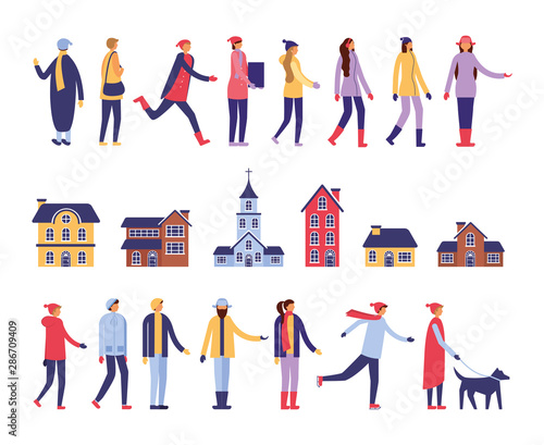 group of people with winter clothes and buildings