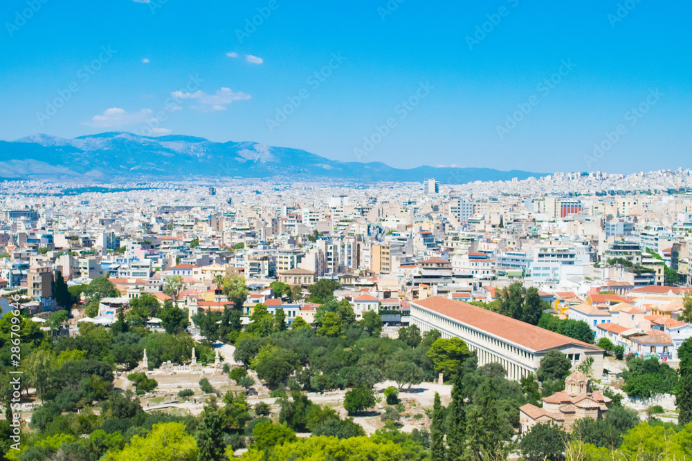 Panoramic view of the city of Athens from the Acropolis hill in Athens, Greece