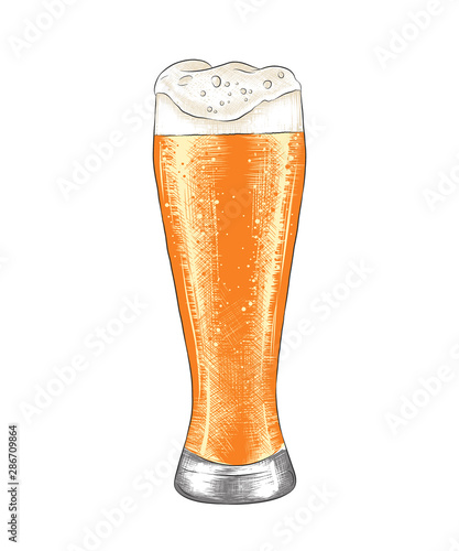 Vector engraved style illustration for posters, decoration, menu, logo and print. Hand drawn sketch of glass of beer in colorful isolated on white background. Detailed vintage woodcut style drawing.