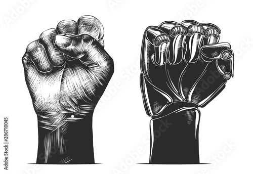 Vector engraved style illustration for posters, decoration and print. Hand drawn sketch of human and robot fist gesture in monochrome isolated on white background. Detailed vintage woodcut drawing.