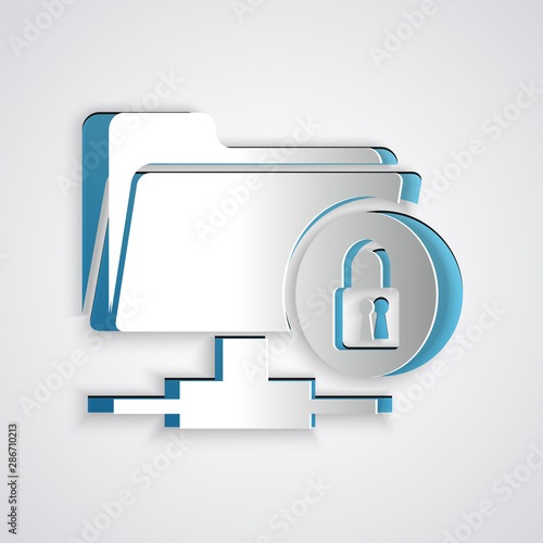 Paper cut FTP folder and lock icon isolated on grey background. Concept of software update, ftp transfer protocol. Security, safety, protection concept. Paper art style. Vector Illustration